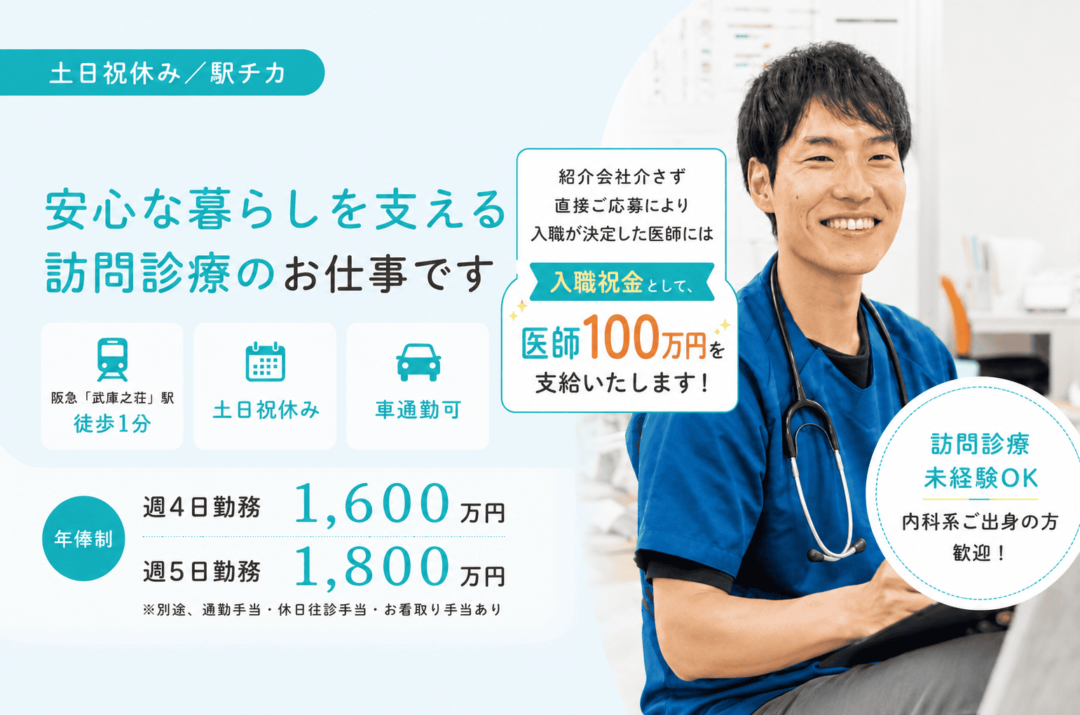 【直接応募限定・入職祝い金100万円】武庫之荘駅徒歩1分｜訪問診療の常勤医師サムネイル